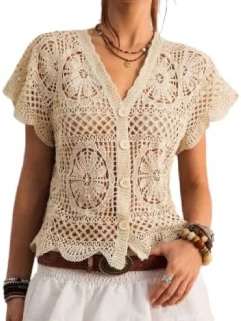 🤍 Boho Crochet Floral Button Front Cardigan Top Cream Medium